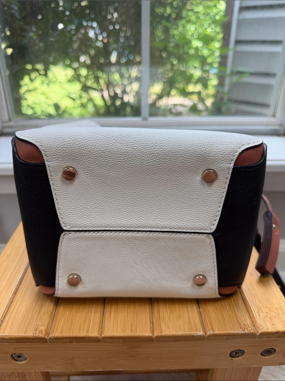kate spade White Leather Bucket Crossbody with Tan Trim and Black Strap